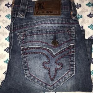 Burgundy rock revival blue jeans